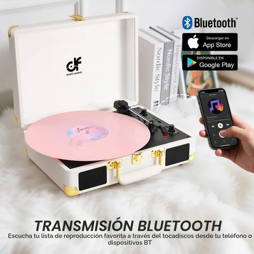 Vista 2 de Tocadiscos de vinilo Bluetooth, tocadiscos portátil vintage de 3 velocidades con 2 altavoces integrados, grabación USB, tocadiscos