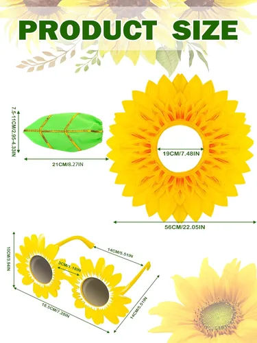 Vista 2 de Mepase Juego de 3 divertidos accesorios de disfraz de flores amarillas de 23 pulgadas, guantes verdes de girasol para bailes, fiestas, festivales