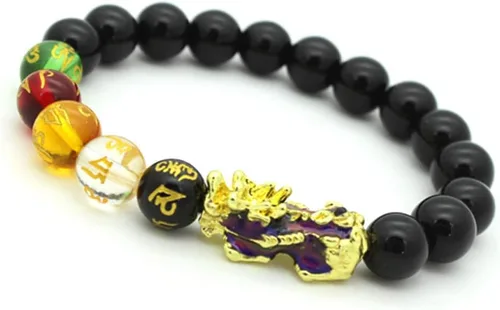 Vista 3 de Pulsera de cuentas de Feng Shui de 0.394 in de piedra natural, mantra, color cambiado, pulsera PixiuPi Yao, atrae riqueza y buena suerte