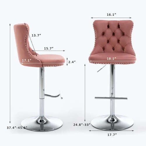 Vista 289 de SoarFlash Juego de 2 taburetes de bar tapizados de terciopelo moderno con patas de madera, botones acolchados, cabeza de clavo cromada, asiento