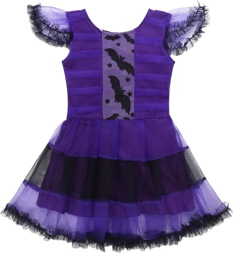 Vista 3 de RUNQHUI Disfraz de murciélago vampiro para Halloween y niñas, vestido de princesa con diadema de ala