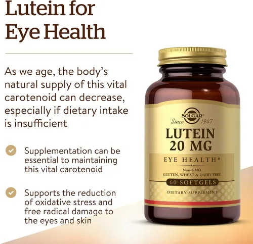 Vista 3 de Solgar Luteína 20 mg, 60 cápsulas blandas - Apoya la salud ocular - Ayuda a filtrar la luz azul - Contiene luteína FloraGLO - Sin OMG, sin gluten