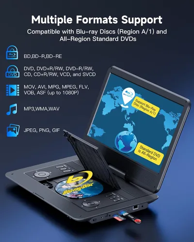 Vista 3 de WONNIE Reproductor de Blu Ray portátil de 16.9" con pantalla grande giratoria de 14.1" Full HD 1080P, reproductor de Blu-ray y DVD con salida HDMI