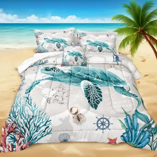 Vista 17 de Bedbay Juego de edredón con temática de playa, juego de edredón costero tamaño Queen, vida marina, turquesa, estrellas de mar, juego de edredón