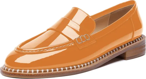 Vista 16 de FOGEENA Mocasines de tacón bajo para mujer, estilo casual, puntera redonda, de charol grueso, de 1 pulgada