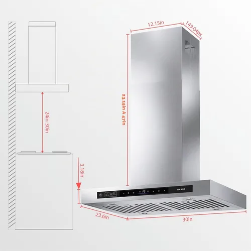 Vista 2 de BRANO - Campana extractora Island de 30 pulgadas con 900 CFM, 4 velocidades, control de voz/gestos/táctil, convertible con conductos/sin conductos