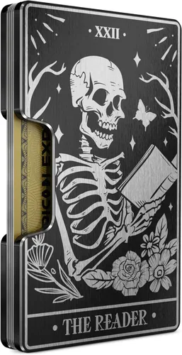 Vista 18 de Cartera de aluminio grabada para hombre, clip delgado para dinero y tarjetero con acabado grabado. Bloqueo RFID mejorado, carteras compactas, únicas