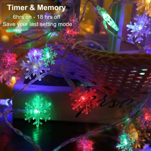 Vista 6 de BrizLabs - Luces de copo de nieve de colores, 40 LED 16.08 pies de luces de Navidad en forma de copo de nieve con control remoto, 8 modos de luces