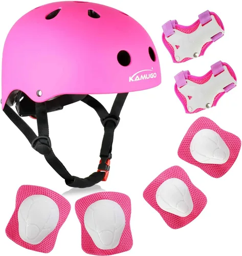Vista 10 de KAMUGO - Casco de bicicleta para niños, casco para niños pequeños de 2 a 8 años, para niños y niñas, con equipo de protección deportiva, rodilleras