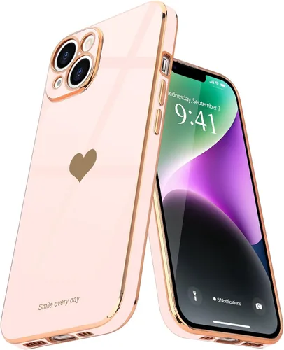 Vista 10 de Teageo - Funda para iPhone 14 Plus para mujeres y niñas, diseño de corazón de amor, color negro Luxury Plating Soft Bling Back Cover Raised Full