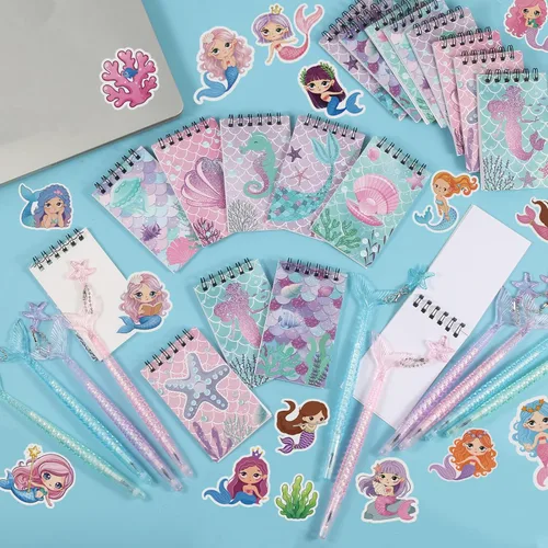 Vista 5 de LiYiQ Juego de 148 calcomanías de papel de sirena para regalo de devolución, mini cuadernos, bolígrafos, calcomanías para suministros de cumpleaños