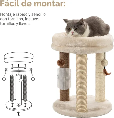 Vista 8 de MECOOL Árbol pequeño para gatos 4en1, poste rascador con torre, cama suave, alfombra de sisal, postes de yute con tres juguetes de bola colgante