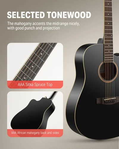Vista 3 de Donner guitarra acústica negra para principiantes, adultos, adolescentes, kits de iniciación - Juego completo de guitarra acústica