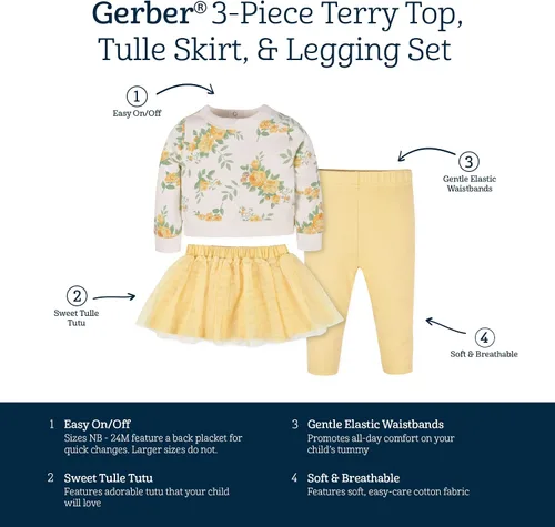 Vista 6 de Gerber Conjunto de 3 piezas de rizo francés para bebés y niñas pequeñas, tutú de tul y leggings