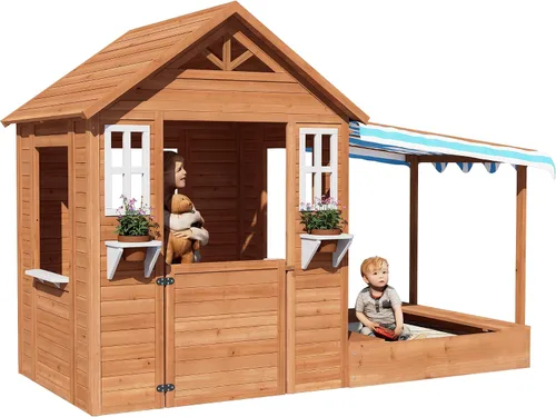 Vista 5 de BIRASIL Casa de juegos para niños con arenero, casa de juego de madera para exteriores con fosa de arena para jardín trasero, edades de 3 a 10 años