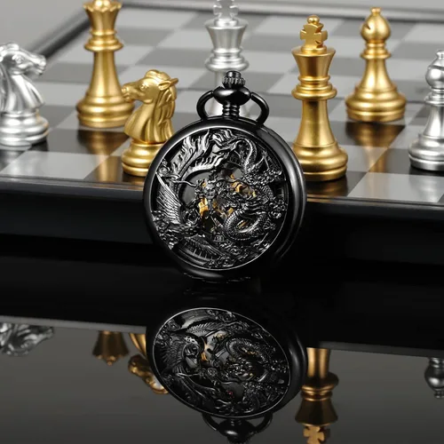 Vista 3 de Reloj de bolsillo mecánico de esqueleto para hombre, diseño de dragón fénix, caja negra con cadena + caja de regalo para hombre, Negro -, Mecánico