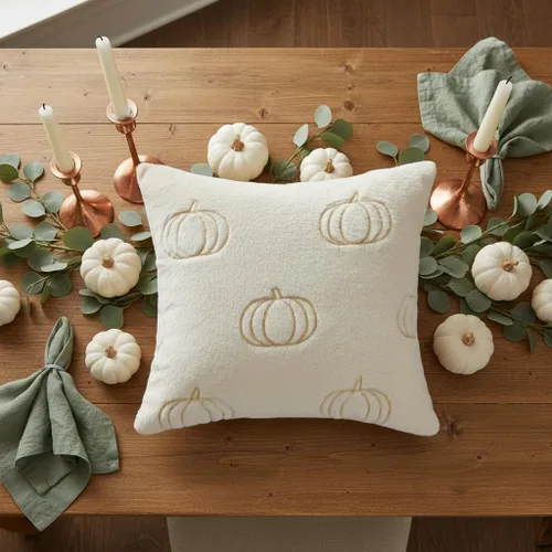 Vista 8 de Juego de 2 fundas de almohada de Acción de Gracias de 20 x 20 pulgadas, fundas de almohada de calabazas bordadas de lentejuelas blancas