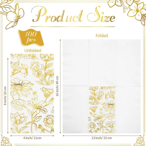 Vista 2 de Pasimy 100 servilletas de papel dorado desechables para invitados, servilletas de cóctel de papel floral, elegantes toallas de mano para cena