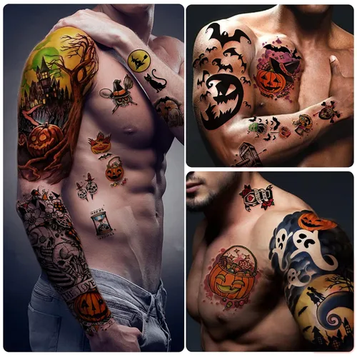 Vista 5 de Yazhiji 40 hojas de tatuajes temporales de Halloween, calabaza, bruja, azúcar, cráneo, tatuajes familiares, para mujeres, hombres, niños y niñas