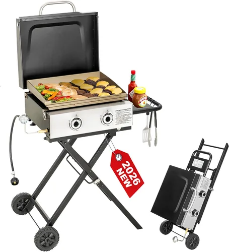 Vista 12 de GREEN PARTY - Parrilla de gas propano de 3 quemadores con carro de pie extraíble, convertible a diseño de mesa, parrilla plana de 27 pulgadas