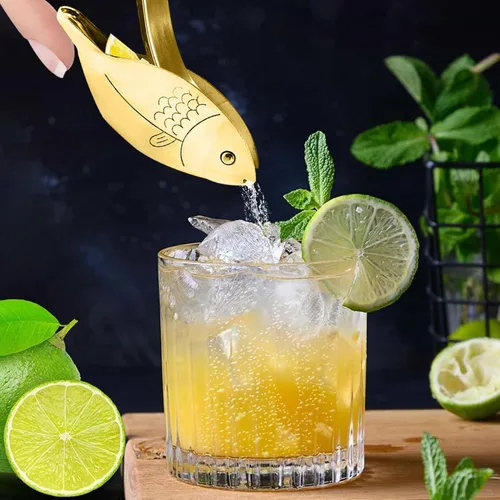 Vista 7 de Exprimidor de limón en forma de pescado, exprimidor manual de limón de acero inoxidable, cítricos de lima portátil, jugo de prensa manual resistente