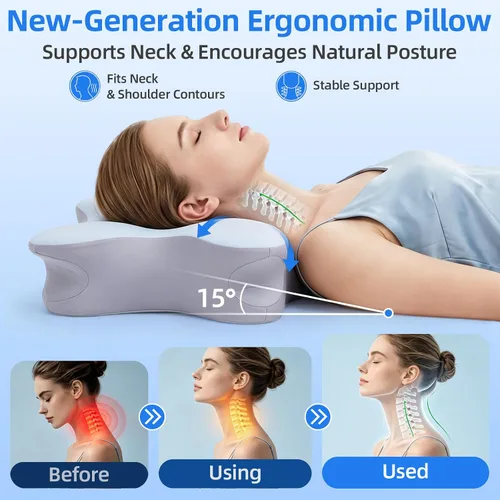 Vista 2 de Ergonomic Memory Foam Cervical Pillow for Neck and Shoulder Pain Relief,2 Heights Memory Foam Pillows for Neck Support for Side Sleep Stomach Blue