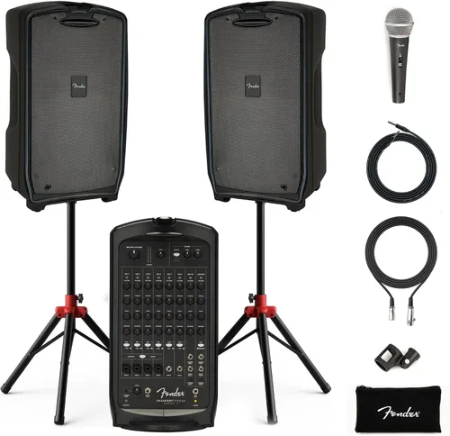 Vista 13 de Fender Paquete de sistema PA portátil Passport Conference S2 con kit de micrófono, soportes de altavoz compactos y cable de instrumento