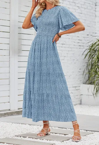 Vista 3 de ZESICA - Vestido veraniego largo y casual para mujer con estampado floral manga corta y cuello redondo de cintura alta fruncida