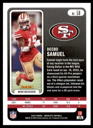 Vista 2 de Panini Absolute #58 Deebo Samuel NM-MT San Francisco 49ers - Trading Card NFL 2022