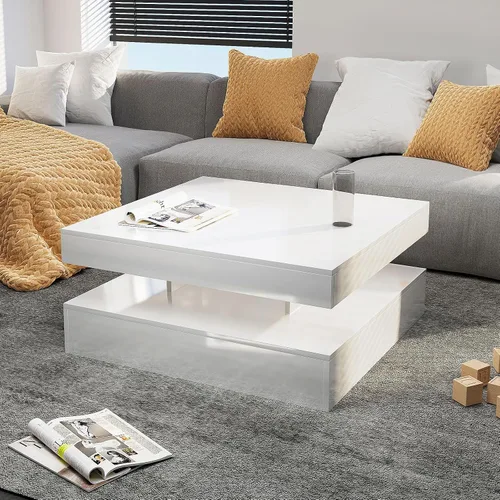 Vista 16 de HedoAjim Mesa de centro LED negra para sala de estar, mesa de sala de estar, mesas centrales cuadradas de 2 niveles, mesas de centro de madera