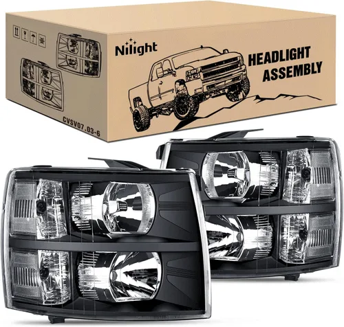 Vista 11 de Nilight Conjunto de faros para 2007 2008 2009 2010 2011 2012 2013 Silverado 1500 2007-2014 Silverado 2500HD 3500HD Faros de repuesto Carcasa negra