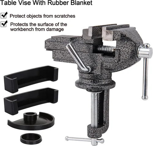 Vista 3 de Tornillo de mesa universal de 3 pulgadas, tornillo de banco portátil con abrazadera, base giratoria de 360°, herramienta fija para carpintería
