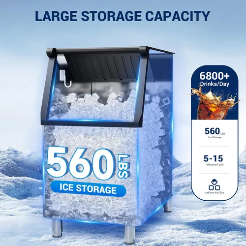 Vista 3 de Máquina de hielo comercial de 680 libras/24 horas con contenedor de almacenamiento de 560 libras, 156 cubitos de hielo listos en 5-15 minutos