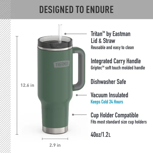 Vista 3 de THERMOS Taza Portavasos de Acero Inoxidable - 40 Onzas, Verde Alpino - Vaso Térmico con Tapa y Popote, Además de Cierre Deslizante Resistente a Fugas