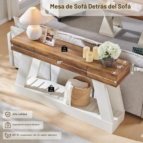 Vista 4 de OKD Mesa de entrada de granja de 60 pulgadas con cajón, mesa consola detrás del sofá, entrada larga estrecha para pasillo, sala de estar, pasillo