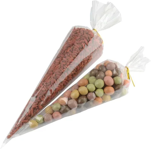 Vista 4 de COOLAKE Bolsas de golosinas en forma de cono, 100 unidades de 7 x 14.5 pulgadas, bolsa de celofán, bolsa de palomitas de maíz con lazos giratorios