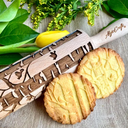 Vista 5 de Rodillo de relieve de abedul grabado en madera, rodillo de masa en relieve para galletas o arcilla de Algis Crafts