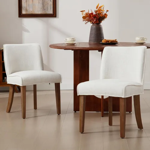 Vista 8 de Mid-Century - Juego de 6 sillas de comedor de tela de lino blanco sólido con patas de madera de nogal, respaldo acolchado, sillas laterales rústicas