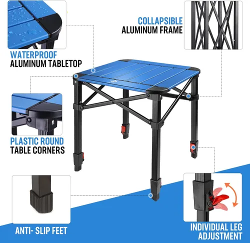 Vista 4 de VILLEY Mesa cuadrada plegable para acampar con bolsa de transporte, mesa cuadrada ajustable de aluminio ligero para exteriores, camping, picnic