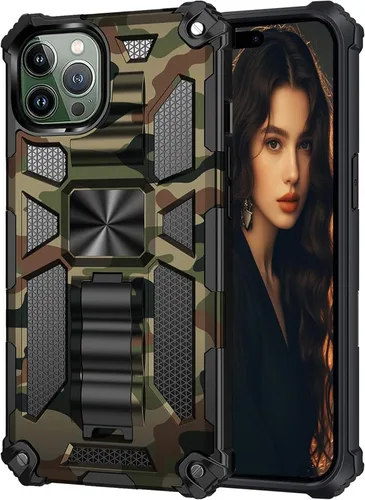 Vista 31 de CCSmall Funda de camuflaje para Apple iPhone 14 para hombres, protección resistente a prueba de golpes con función atril para iPhone 14 MC verde