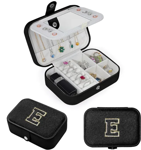 Vista 3 de Caja de almacenamiento de joyería negra para niñas, organizador de iniciales de viaje, estuche de joyería mediano con 8 agujeros para aretes, 5