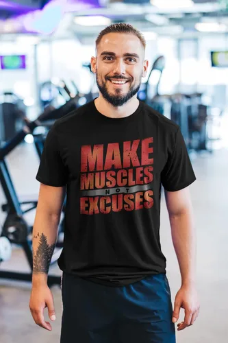 Vista 2 de Make Muscles Not Excuses Fitness for Men - Camiseta de gimnasio novedosa de material suave - Gráfico de gimnasio de entrenamiento - Amantes