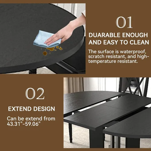 Vista 6 de Juego de mesa de comedor extensible negra de 43"-59" para 2, juego de mesa de comedor de 3 piezas con 2 sillas, mesa de cocina redonda de madera que