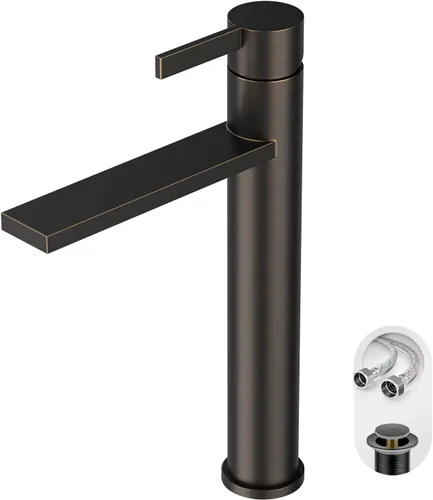 Vista 18 de Phiestina FH01-BG-V - Grifo de lavabo de baño de oro cepillado, un solo agujero, grifo alto de baño de una sola manija, con drenaje desplegable