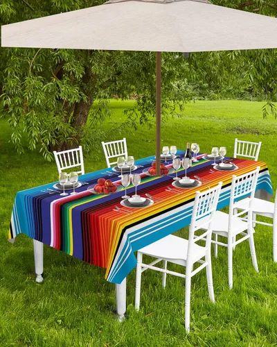 Vista 4 de Mantel rectangular a rayas de México para exteriores con agujero para paraguas, 60 x 84 pulgadas, sin arrugas, mantel de tela lavable, cubierta