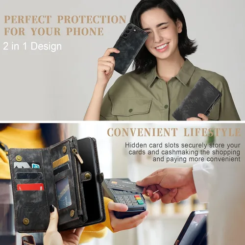 Vista 5 de Asuwish Funda de teléfono para Samsung Galaxy S22 5G con cremallera, funda desmontable con protector de pantalla de vidrio templado y tarjetero
