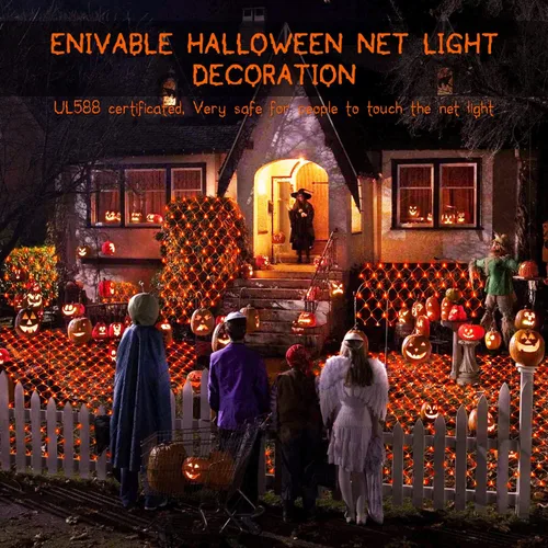 Vista 5 de JMEXSUSS Guirnalda de luces LED naranja de Halloween y luces de red para exteriores, cable transparente, 8 modos, impermeable, guirnalda de luces