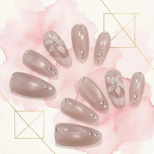 Vista 87 de Uñas postizas a presión medianas con diseño geométrico blanco almendra – 24 uñas postizas reutilizables de ABS brillante, fácil de aplicar, juego