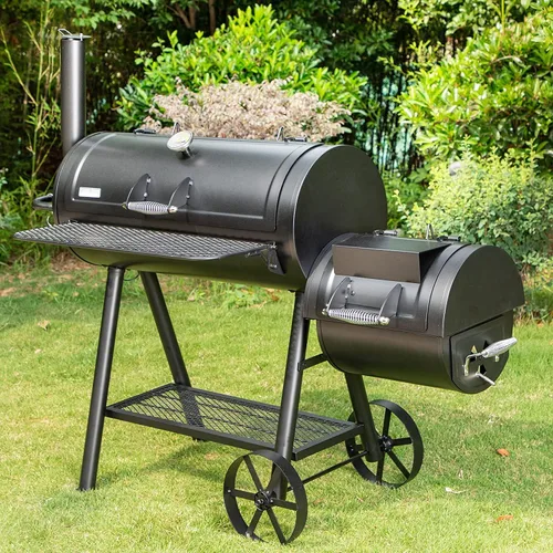 Vista 9 de MFSTUDIO Parrilla ahumadora de madera de carbón resistente para exteriores, parrilla de carbón con ahumador combinado para asar a la barbacoa, 512