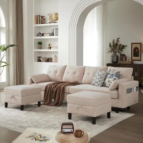 Vista 4 de Sofá modular convertible de 101 pulgadas, moderno sofá en forma de U de tela de lino con 2 otomanas de almacenamiento y bolsillo de almacenamiento